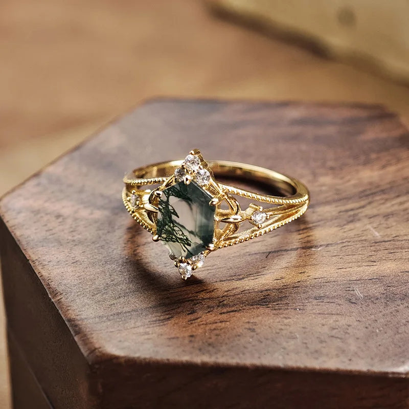 Gold Green Moss Agate Ring