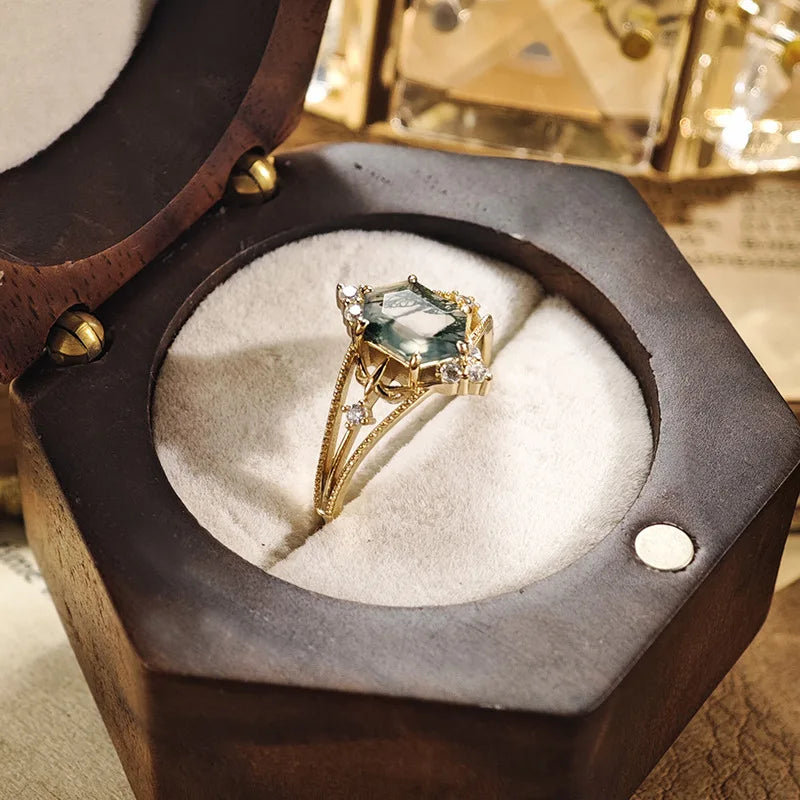 Gold Green Moss Agate Ring