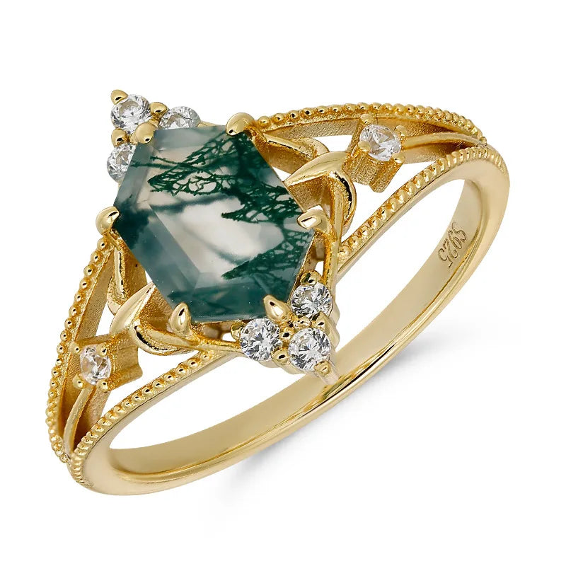 Gold Green Moss Agate Ring