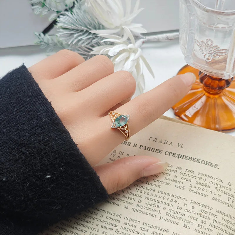 Gold Green Moss Agate Ring