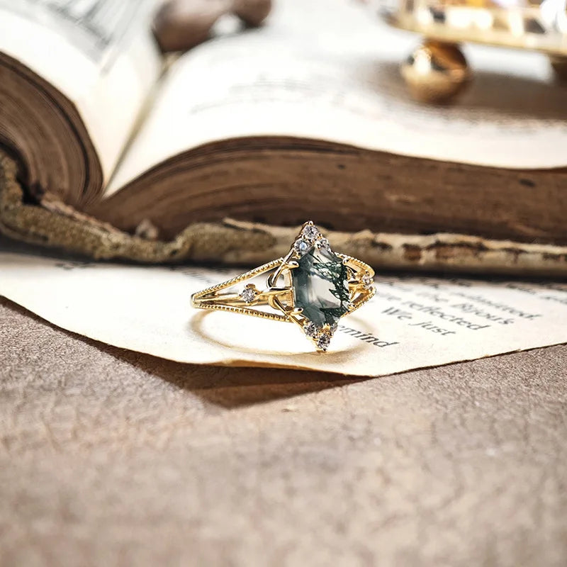 Gold Green Moss Agate Ring