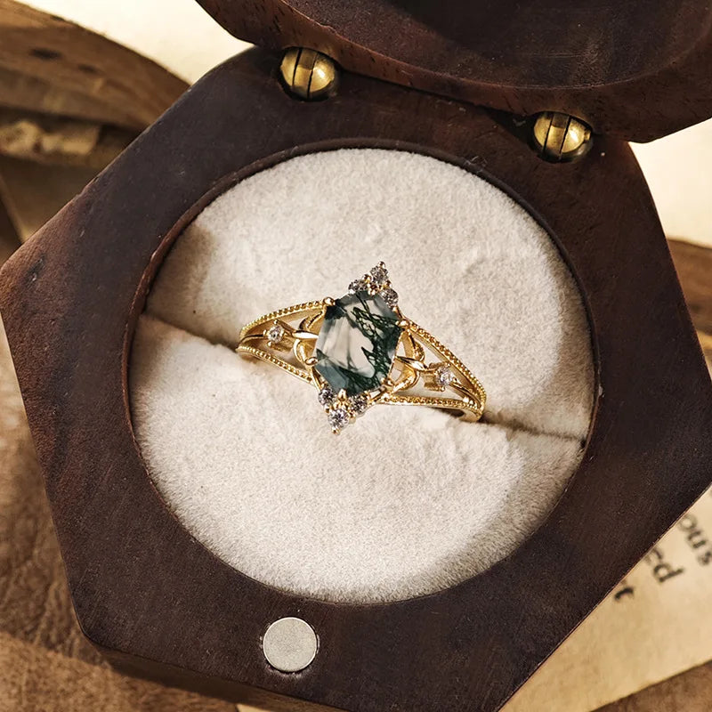 Gold Green Moss Agate Ring