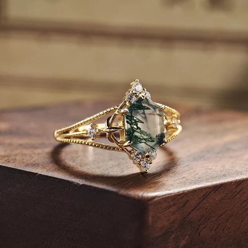 Gold Green Moss Agate Ring